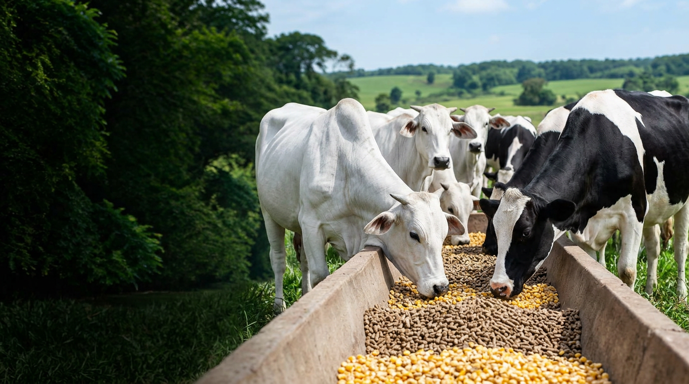 Gado de corte Nelore e vacas leiteiras no pasto, com milho e ração bovina — imagem ilustrativa